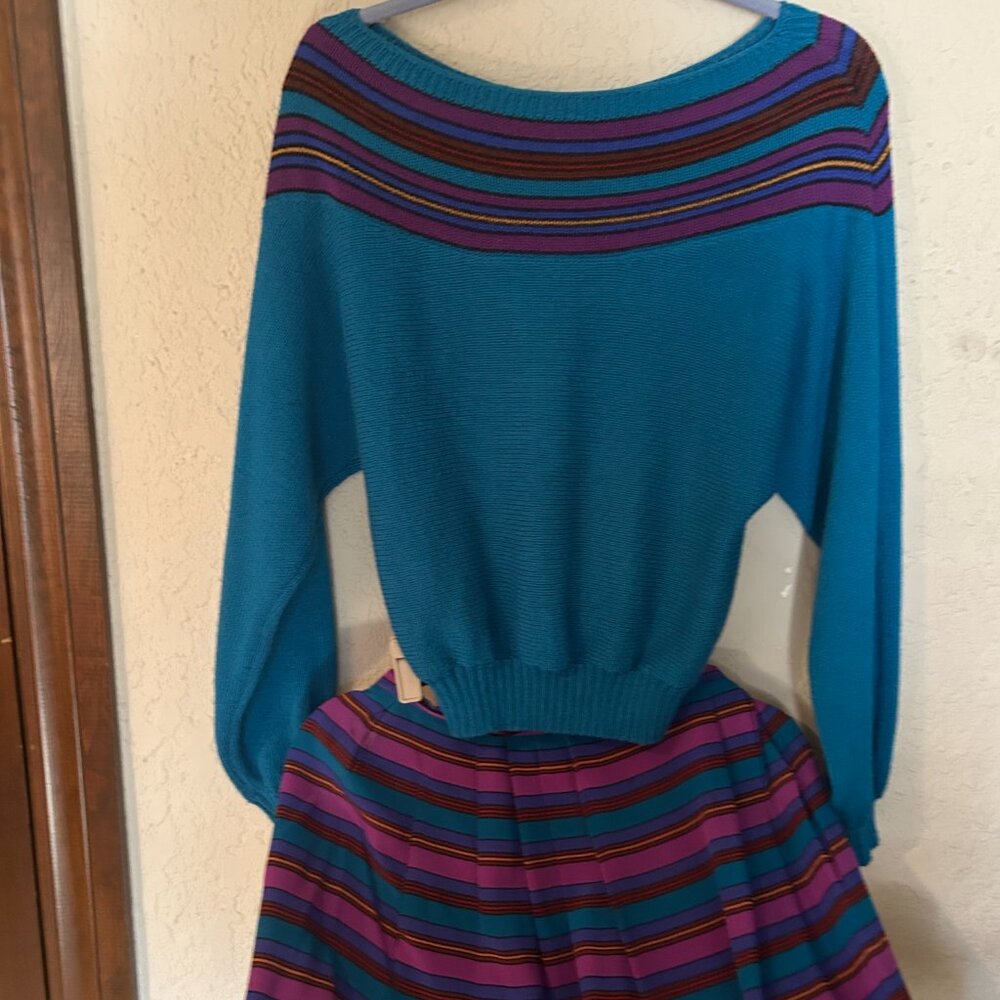 Anne Crimmins Teal Blue Sweater & Silk Skirt Set